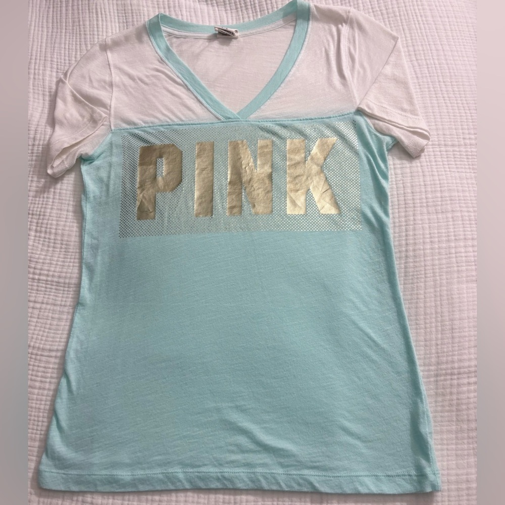 PINK VINTAGE VICTORIAS SECRET TEAL WHITE GOLD T SHIRT TOP SIZE MEDIUM